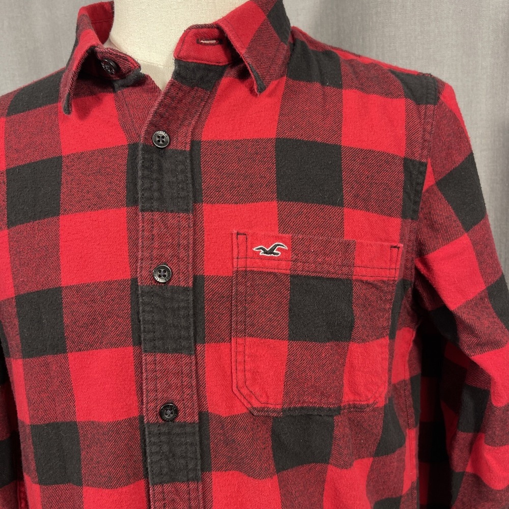 Hollister Red Black Buffalo Check Flannel Shirt Mens Medium Long Sleeve - Picture 2 of 8